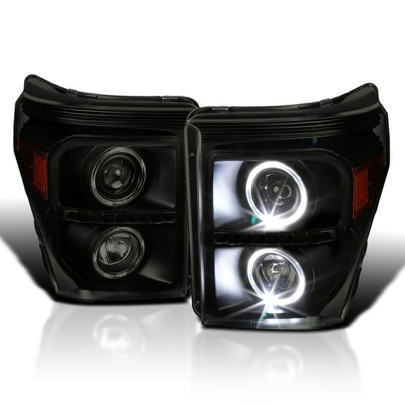 Spec-D Tuning Black Smoke Halo Projector Headlights w/ LED Compatible with 2011-2016 Ford F250/F350/F450/F550 Super Duty, Left Right Pair Headlamps Assembly
