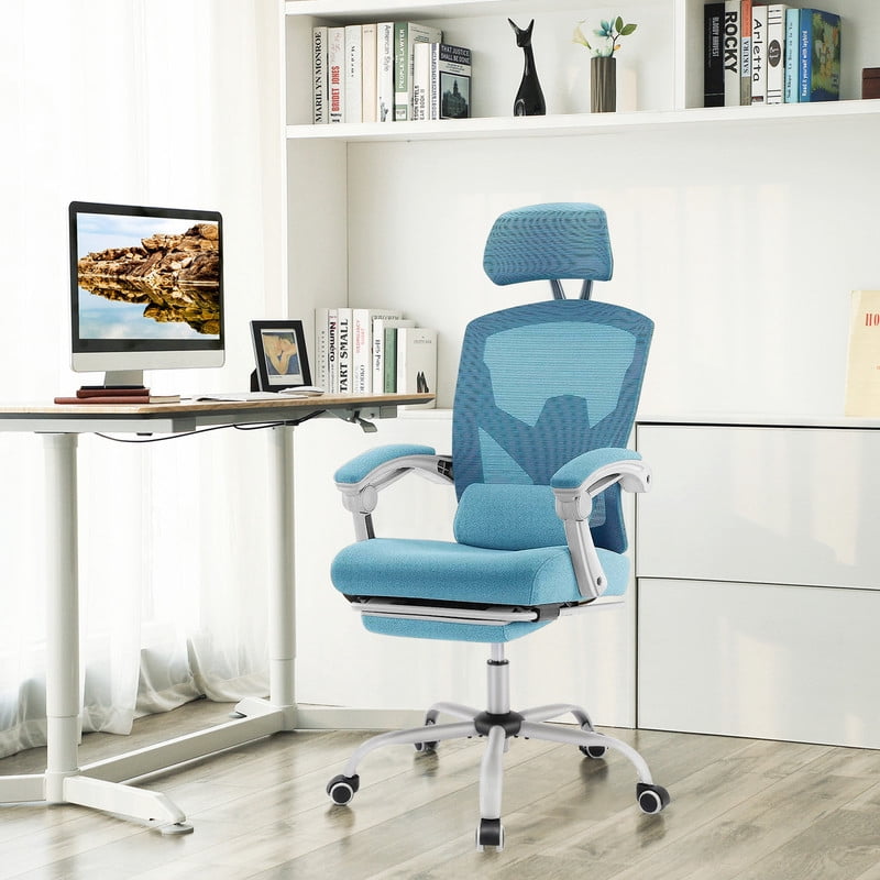 Ergonomic Office Chair with Footrest, Swivel Mesh Chair with Lumbar Support, Headrest and Flip-up Armrests for Home Office, Blue