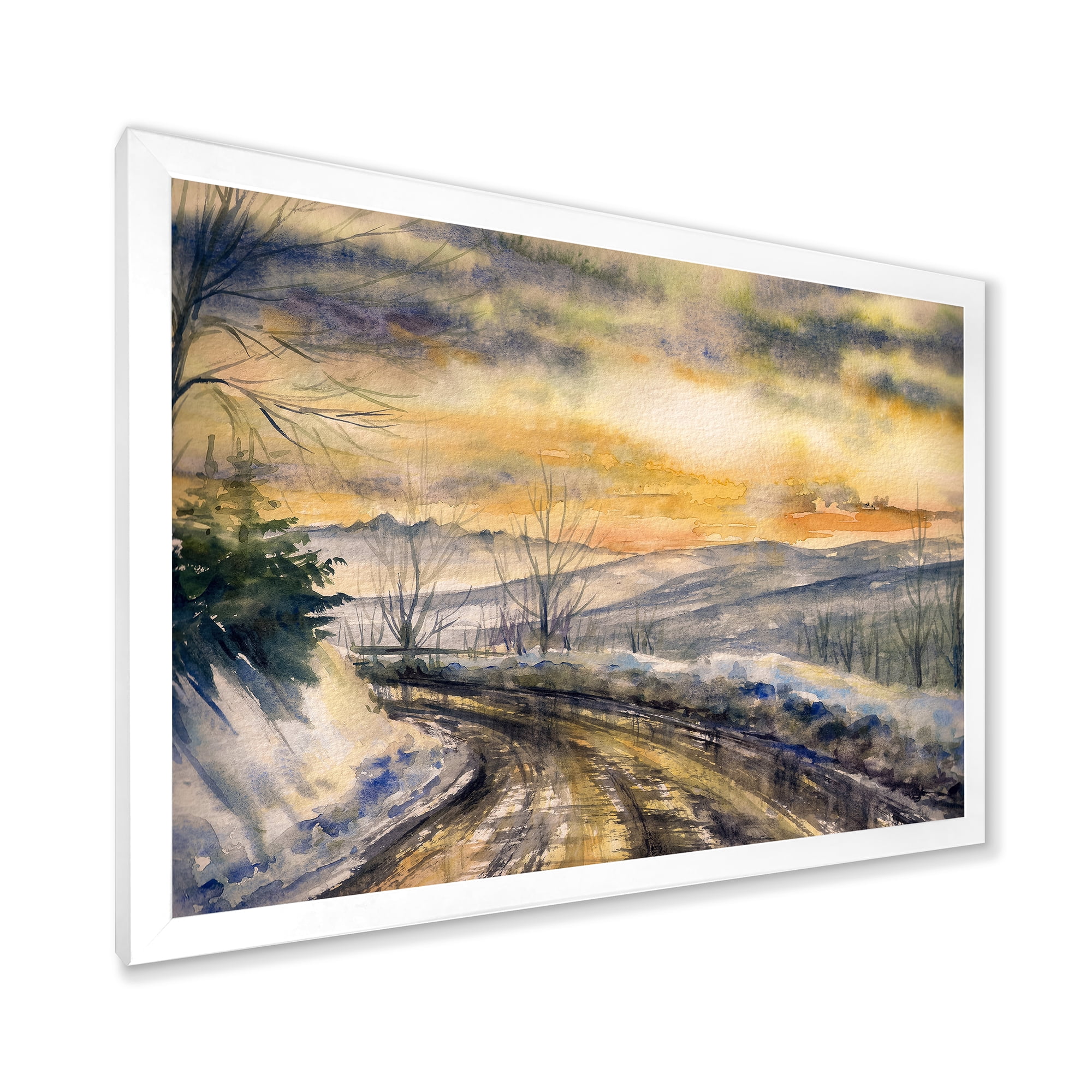 Designart 'Road Under Bright Sunset With Winter Landscape' Traditional Framed Art Print