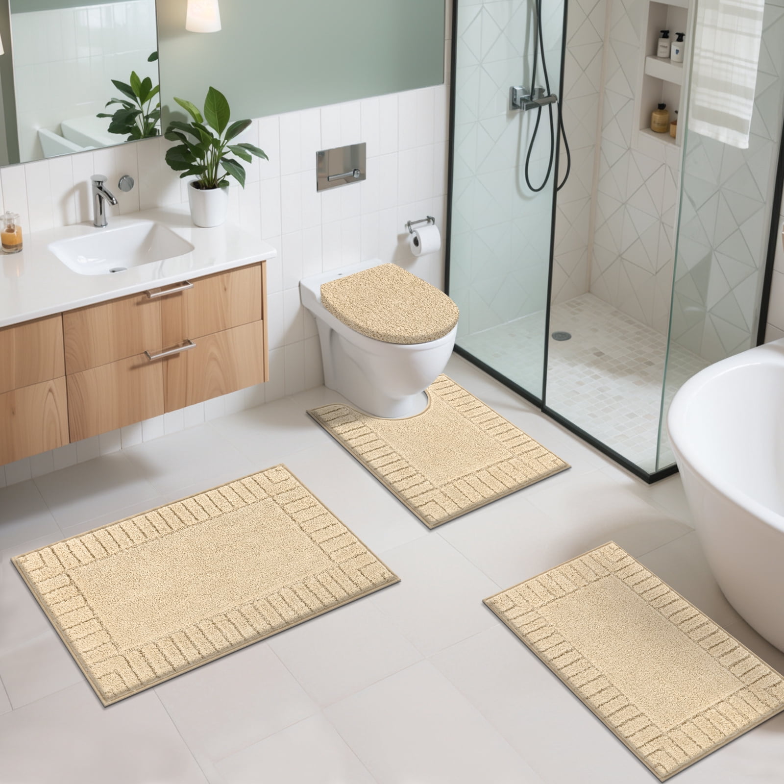 MeyJey Bathroom Rugs Set of 4 Piece, Bath Mats, Microfiber Non Slip Shaggy Ultra Soft Bathroom Runner with U Shaped Contour Toilet Mat for Bathroom, Shower Inside Floor, Beige