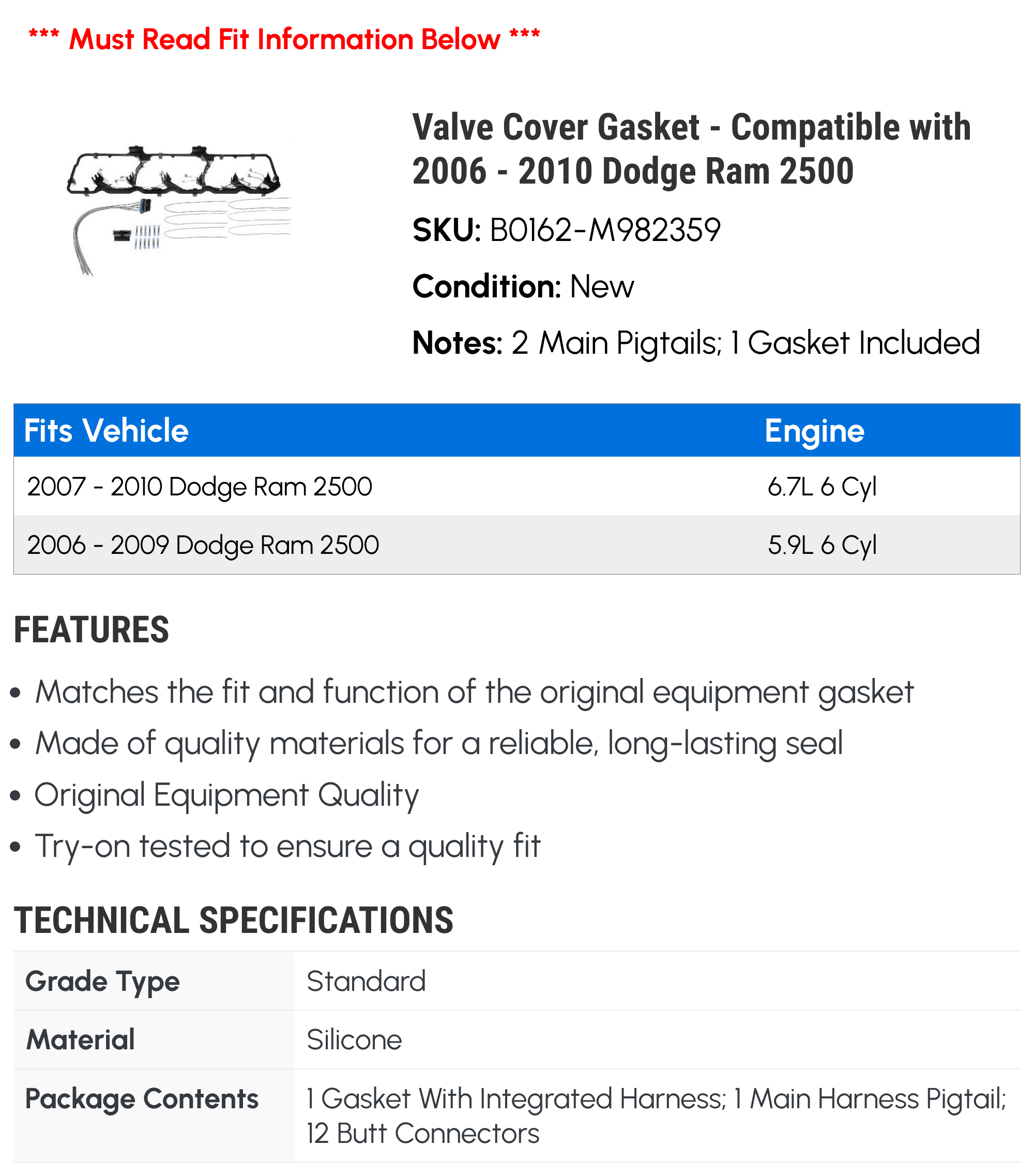 Valve Cover Gasket - Compatible with 2006 - 2010 Dodge Ram 2500 - Dorman