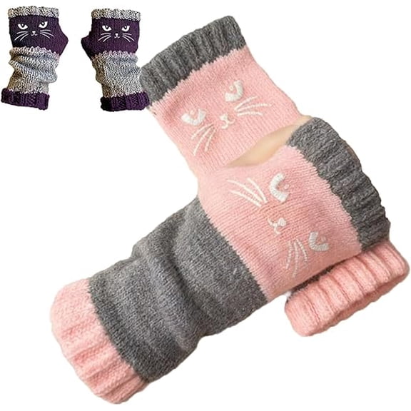 Women’s Knitted Fingerless Gloves with Cute Cat Embroidery - Cat Embroidery Splicing Knitted Gloves, Warm Glove(Pink)