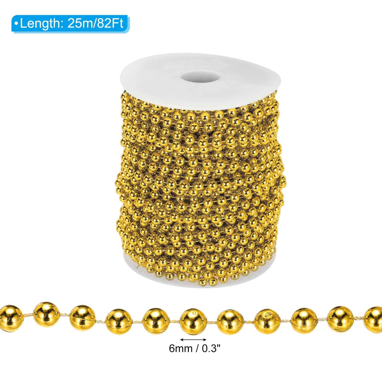 Uxcell 6mm 82Ft Pearl Beads Garland,Faux Pearl Strands Roll Spools for DIY,Gold