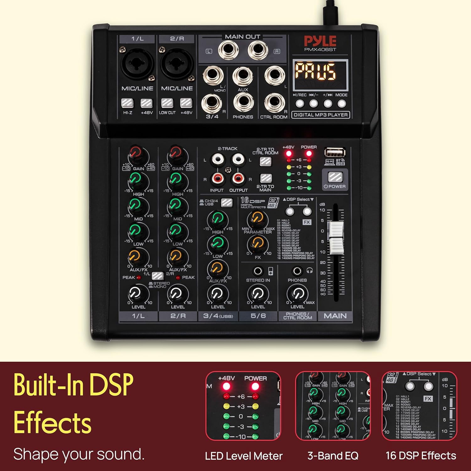 Pyle 6-Channel Audio Mixer – Bluetooth DJ & Studio Mixing Console with DSP Effects, Phantom Power, MP3/USB Player, LED Display, Front Panel Controls for Recording, Stage & Home Use (Black)