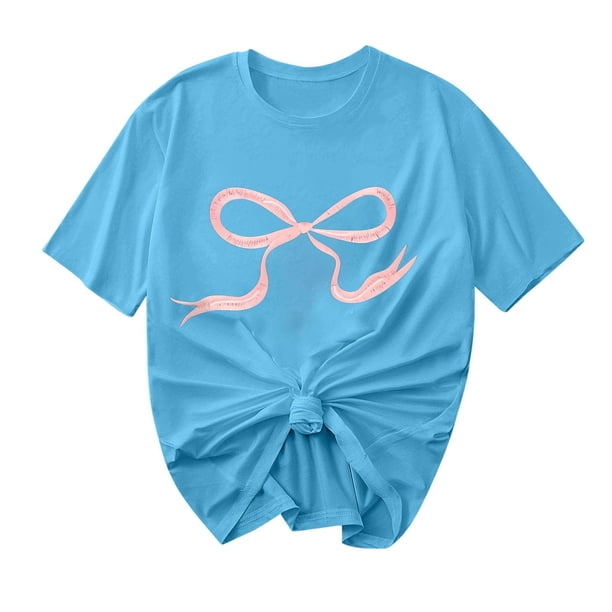 Primavera Top Mujeres Moda Casual Nueva Cinta de Arco Impresa Cuello Redondo Camiseta de Manga Corta, Camiseta de Cuello Tripulado