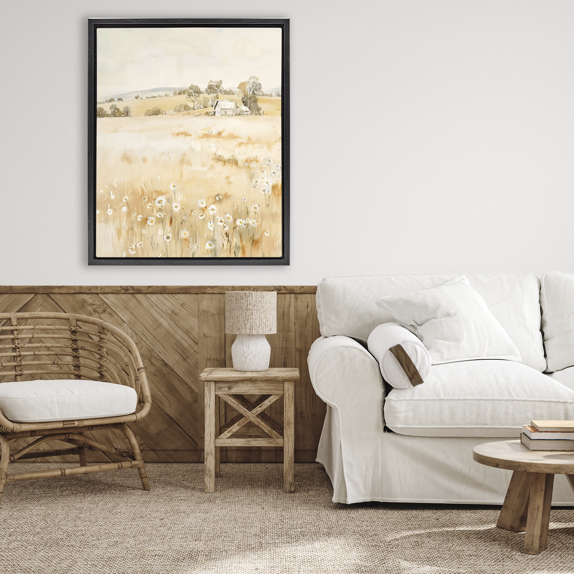 Stupell Industries Farm Country Meadow with Daisies Black Framed Floater Canvas Wall Art, design by Creative Studio