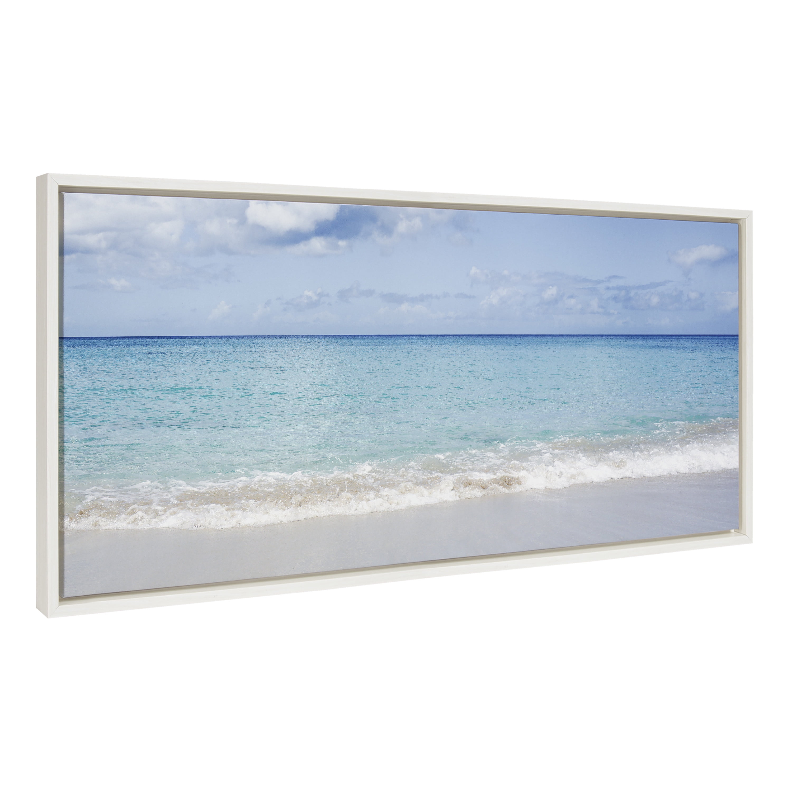 Wide Ocean Beach Landscape White Framed Canvas Art, 18x40