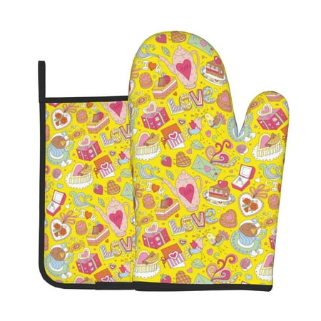 

Xecao Love Heart1 Pattern Oven Mitts and Pot Holders Sets Heat Resistant Silicone Oven Mittens Extra Thicken Long Kitchen Cotton Oven Glove for Cooking