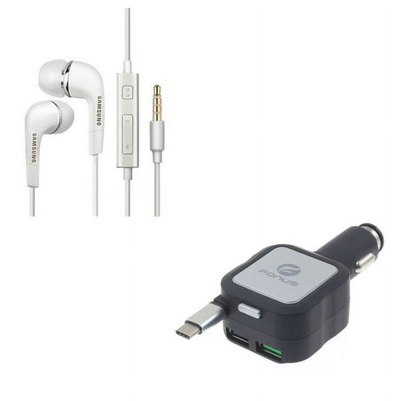 Retractable Car Charger w Hands-free Wired Earphones Y1W for Acer Liquid Jade Primo - Alcatel PulseMix, 7, Idol 5S 5 4S - ASUS Zenfone V Live, ROG Phone, AR 6 5z 4 Pro - Blackberry Motion