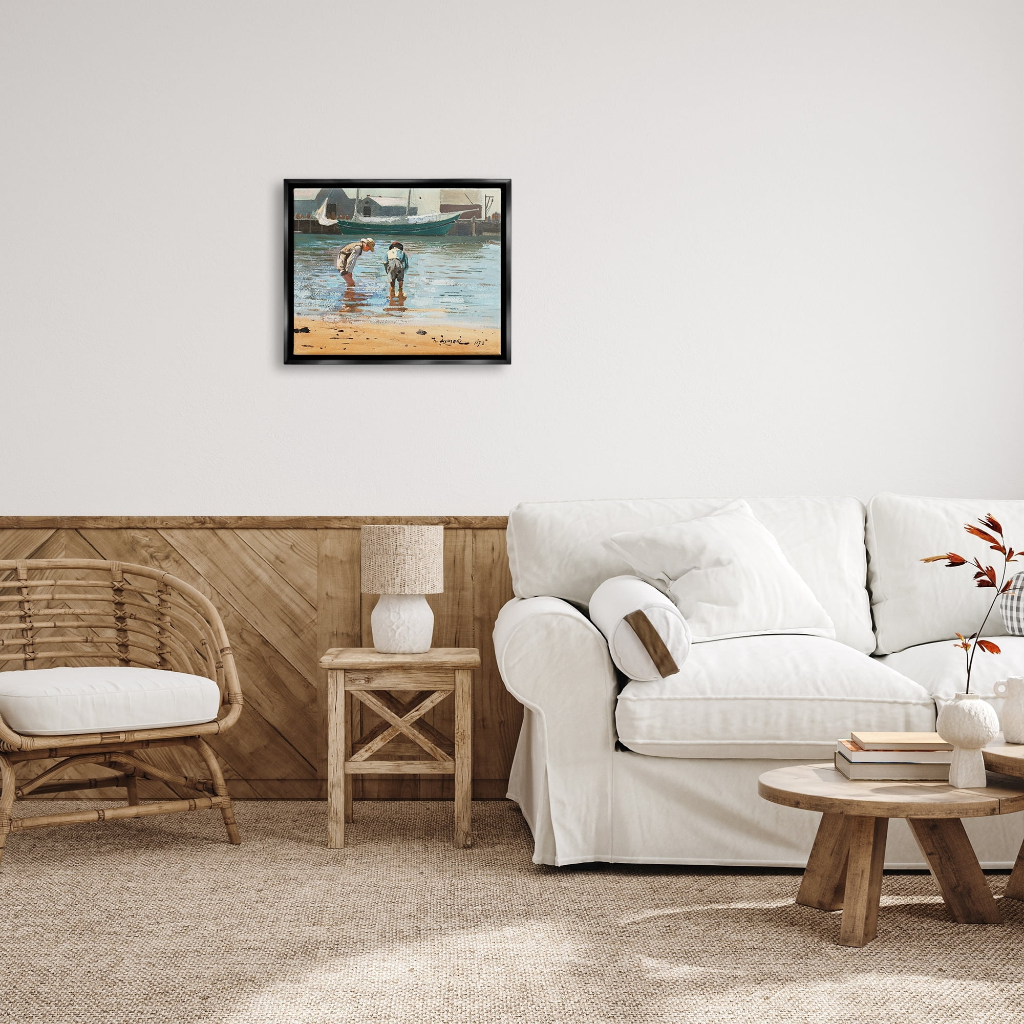 Stupell Industries People Shoreline Beach Marina Searching Sea Life Painting Luster Gray Floating Framed Canvas Print Wall Art, Design by Lettered and Lined