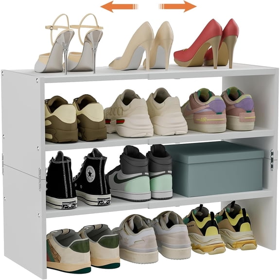 X-COSRACK 3-Tier Expandable Shoe Rack, White Metal & Wood Organizer for Closet and Entryway, Holds 8-16 Pairs