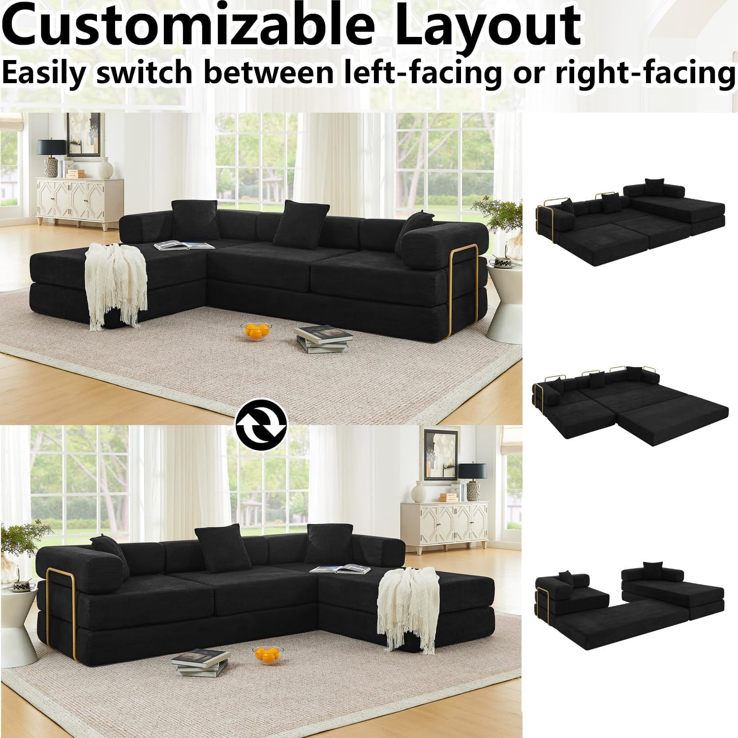Ywen 108" Modular Sectional Sofa,Futon Convertible Sofa Bed,Oversized Corduroy Boneless Couch for Living Room,Floor Loveseat Sleeper with Pull Out Bed,Free Combination,No Assembly Required (Black)