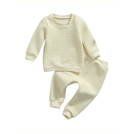

FOCUSNORM 2Pcs Sportswear Baby Unisex Autumn Long Sleeve Round Neck Plain T-Shirt + Elastic Waist Ankle Banded Pants