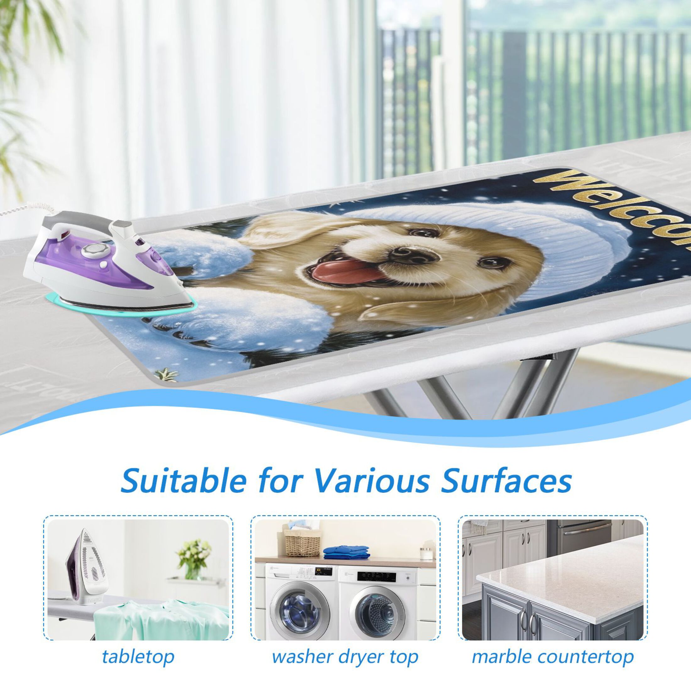 Welcome Snow Cute Dog Ironing Mat Blanket for Table Top Travel Portable Ironing Board Pad 47.2x27.6 Inch