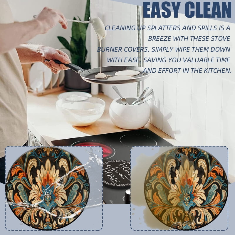 Round Metal Electric Stove Burner Cover, Vintage Boho Mandala Chic Flower Durable Easy to Clean Gas Stove Burner Covers Set of 4 for Kitchen Decor, 8 Inches and 10 Inches