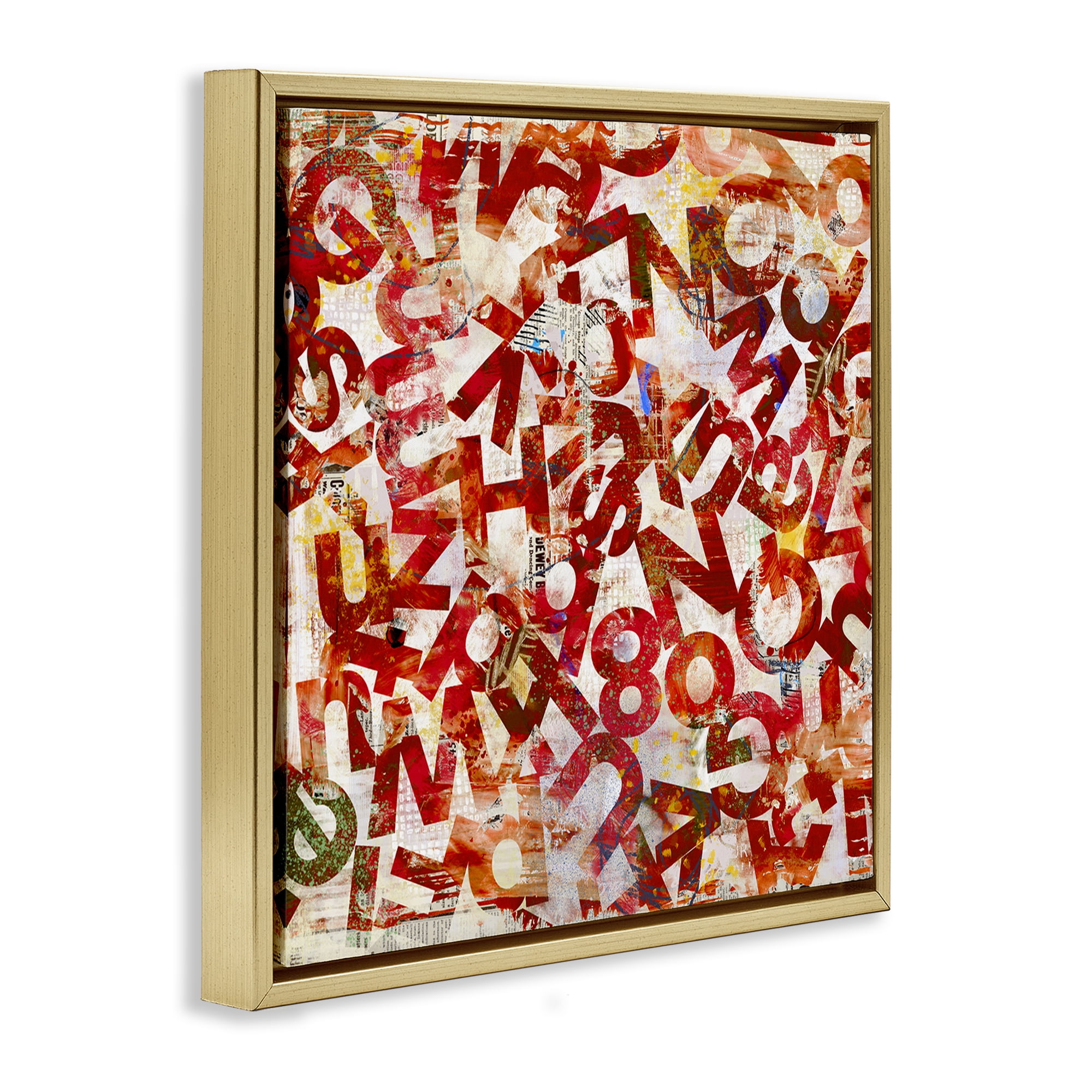 Stupell Industries Red Typography Collage Abstract Painting Gold Floater Framed Canvas Art Print Wall Art, 18 x 18