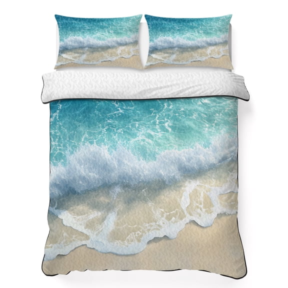 King Quilt Set 96''x106'', Aqua Blue Beach Lightweight Bedspread Coverlet Set with 2 Pillow Shams, Coastal Seawaves Sand Shore Scenery Breathable All Season Quilt Bedding for Bedroom/Guest Room