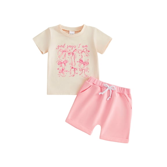 BemeyourBBs Newborn God Says I Am Toddler Baby Girl Summer Outfit Kids Baby Girl Christening Clothes Short Sleeve Bow Print T-Shirt and Pockets Shorts Set