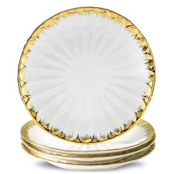 10-Inch Round Ceramic Steak Plate With Gold Rim And Serving Plate, 4 Pieces,White,10 inches