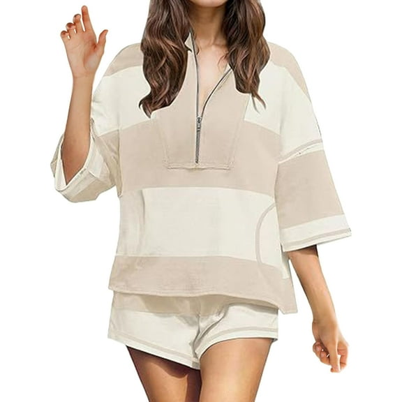 Two Piece Workout Sets for Women Summer Outfits Striped Quarter Zip Matching Lounge Set Going Out Top and Shorts