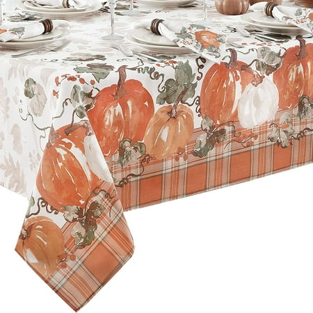 

Pumpkin Gingham Country Rustic Bordered Thanksgiving Fabric Tablecloth Autumn Farmhouse Pumpkin Vine Plaid Easy Care Fall Tablecloth 52” x 52” Square