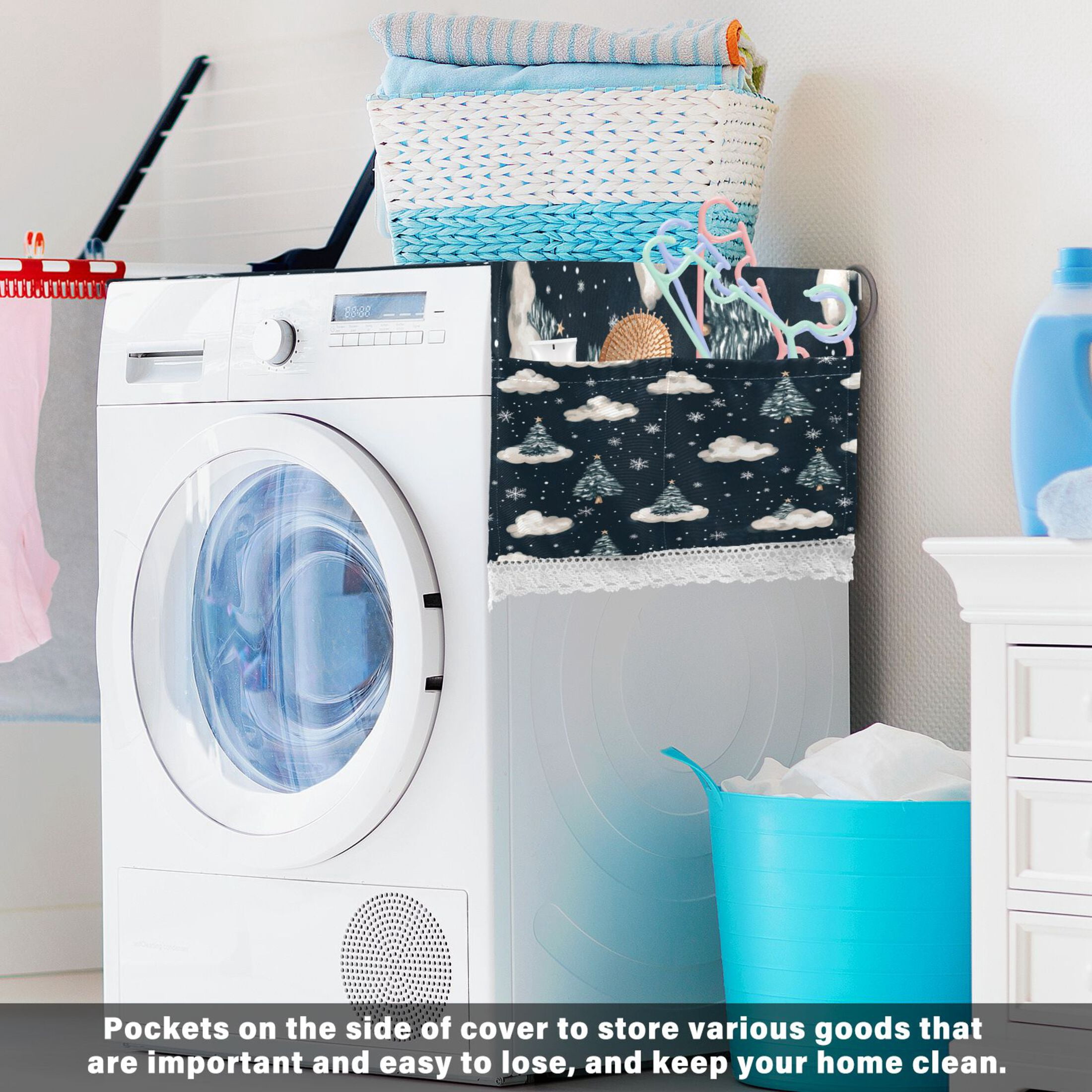 Christmas Trees and CloudWasher and Dryer Covers Dust-Proof and Oil Resistant Fridge Cover with 4 Storage Pockets Washing Machine Top Cover for Laundry Kitchen Home 51.2 x 22 In