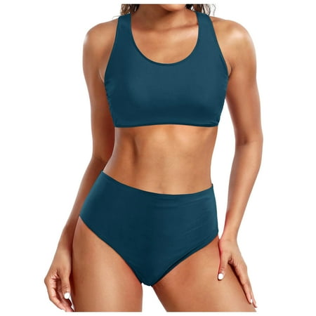 TOWED22 Women s Crop Top High Waisted Cheeky Bikini Set Solid Color Two Piece SwimsuitsNavy S