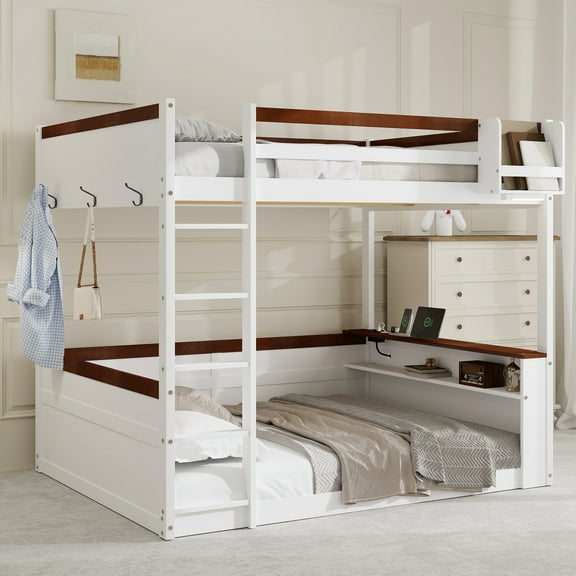 Newest Queen Size Wooden Bunk Bed with Built-in Shelves,Storage Box,LED Light , USB Charging Station,White