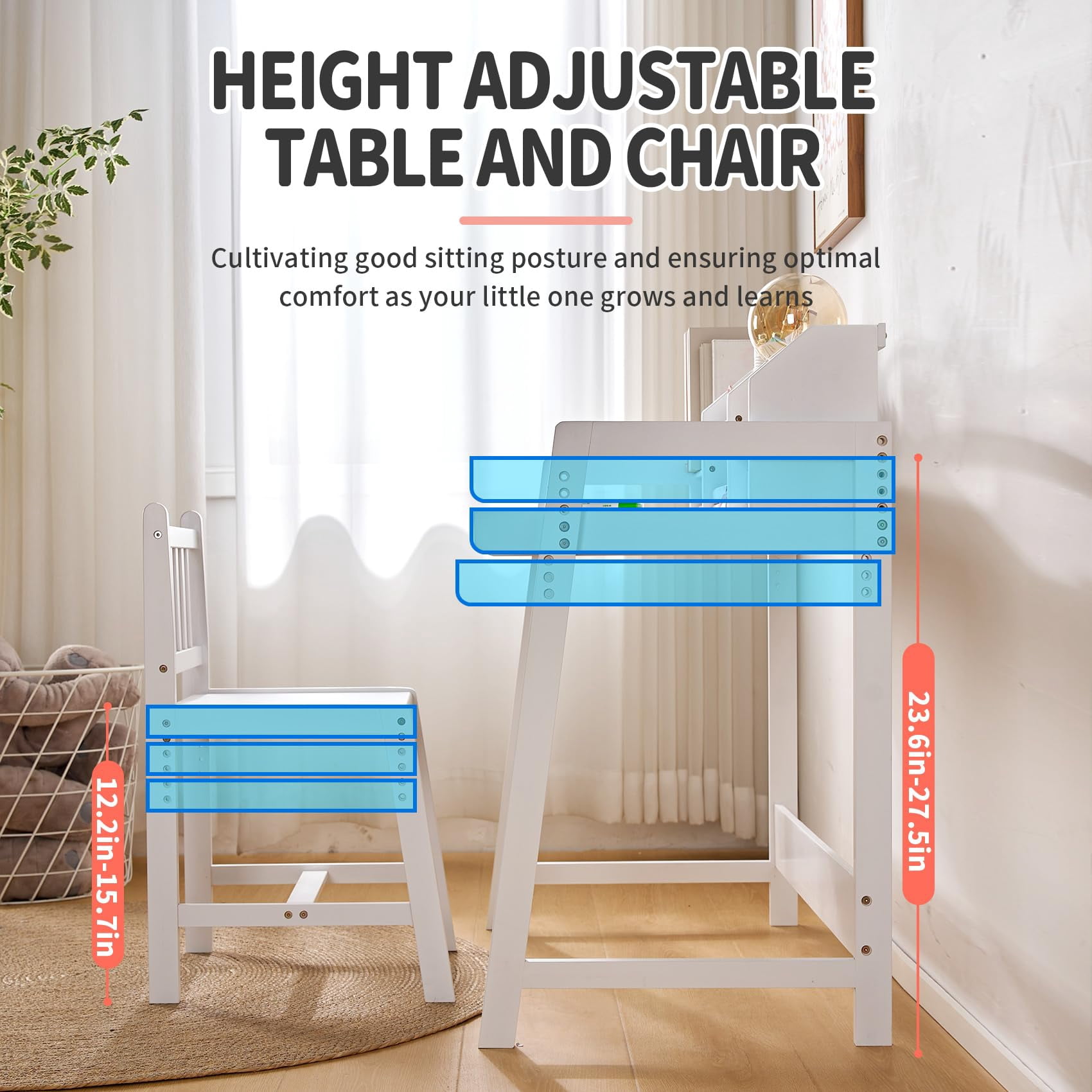 UNICOO® Height Adjustable Bamboo Kids Desk and Chair Set - Ergonomic Kid Desk and Chair Set for Study, Writing, and Homework - Durable and Eco-Friendly Kids' Desks for Home and School (White 01)
