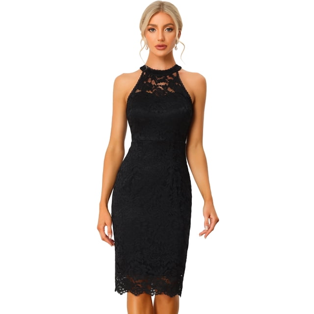 Elegante vestido de encaje para mujer, cuello halter, sin mangas, ajustado, vestido de cóctel Negro S