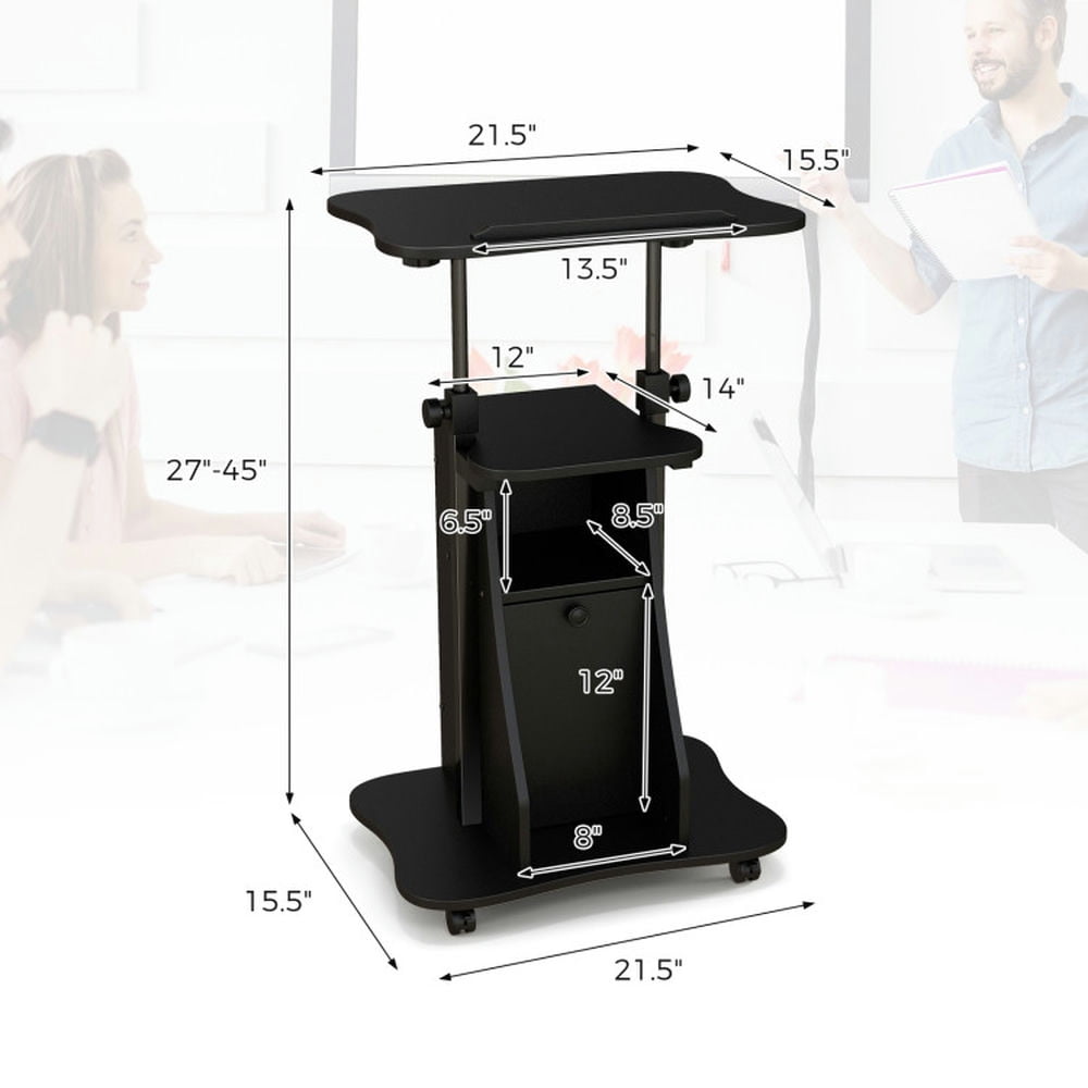 Spaco Adjustable Mobile Standing Desk Cart with Tilt Desktop and Cabinet-Black, Office Furniture, Portable Desk for Home and Office