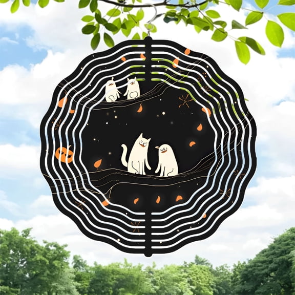 Whimsical Metal Hanging Wind Spinners - Playful White Cats on Branch with Orange Leaves Artistic Garden Decor for Yard
