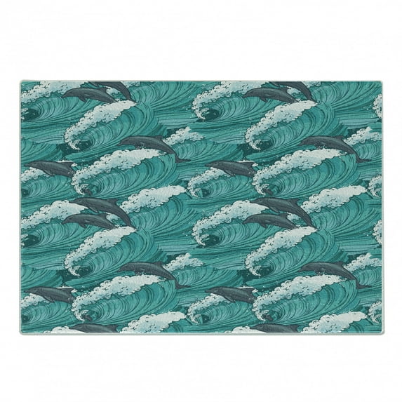 Sea Animals Cutting Board, Wavy Ocean with Dolphins Windy Surfing Doodle Style Art Print, Decorative Tempered Glass Cutting and Serving Board, Small Size, Charcoal Grey Teal White, by Ambesonne