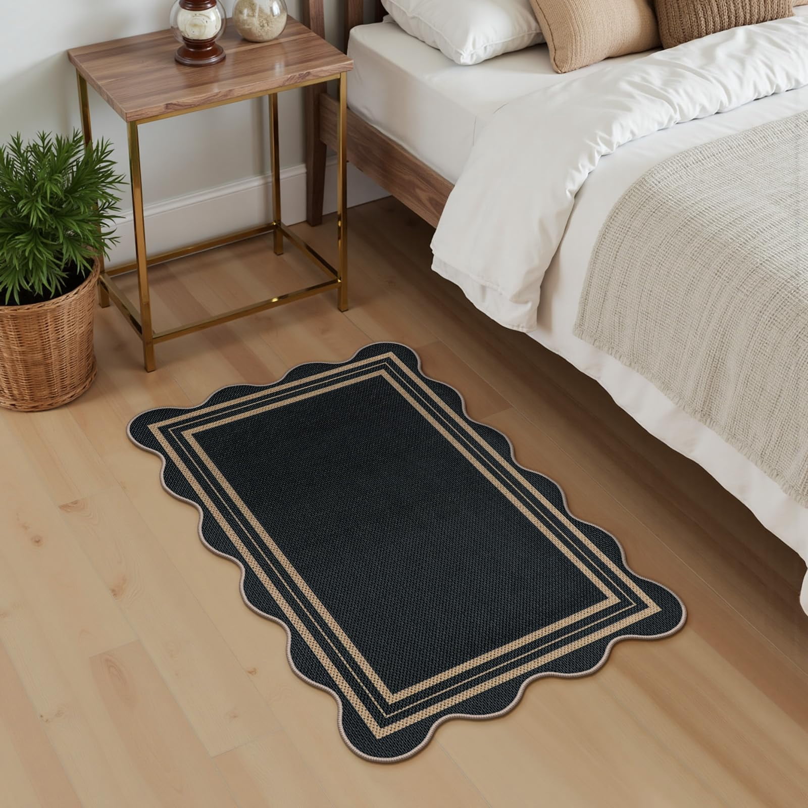 Easy Jute Black Kitchen Rug  2x3 Front Door Mat Washable Non Slip Small Entryway Indoor Outdoor Farmhouse Scalloped Doormat For Bathroom Doorway Porch