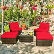 Topbuy 5-Piece Outdoor Rattan Wicker Sofa Set Lounge Chair with Red Cushions