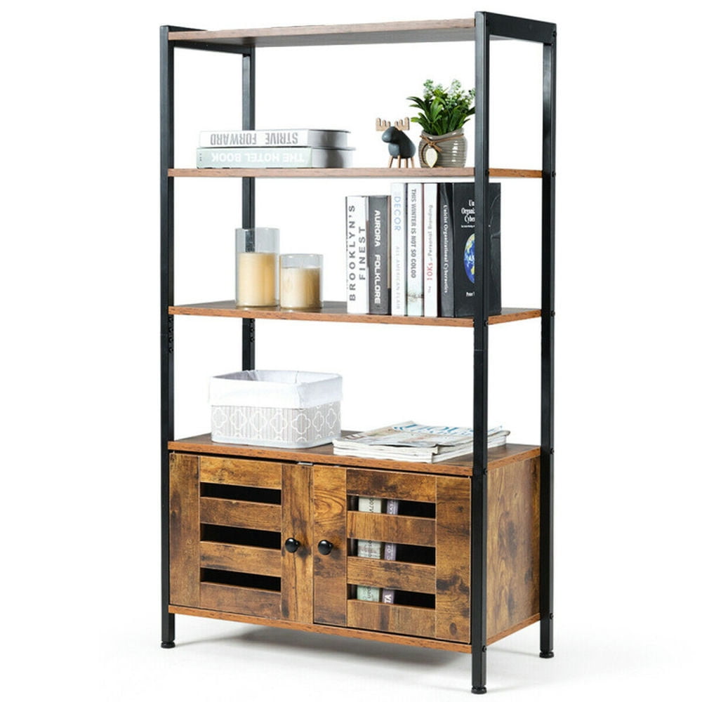 Demi Bonn 3-Tier Bookshelf with 2 Shutter Doors Storage Cabinet, Free Standingdustrial Bookcase, Brown