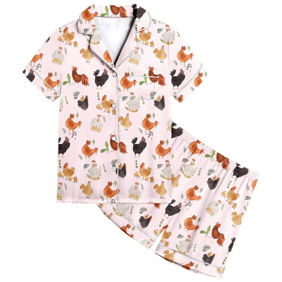 TBWNWG Vêtements de Nuit & Robes pour Filles Motif Poulet Imprimé Manches Courtes Ensemble de Pyjamas Boutonnés pour Enfants - Tenues de Nuit Confortables et Élégantes, Tailles 10-11 Ans