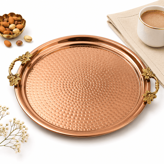 Hammered Copper Serving Tray with Brass Handle - Decorative Large Round Coffee Table Tray - Multi-Purpose Kitchen Food Tray Decorative for Breakfast, Dinner, and Parties, 14 Inch