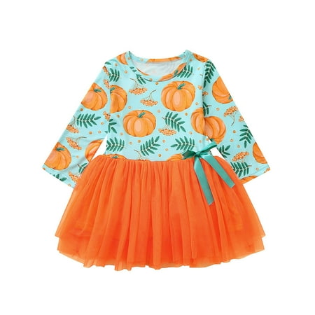 

QIPOPIQ Outfit Dress for Girls Clearance Toddler Baby Kids Girls Bow Pumpkin Halloween Dress Tulle Princess Dress