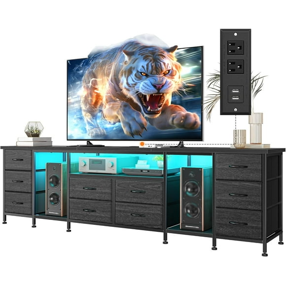 REKHHY 75, 80, 85 Inch TV Stand with 10 Fabric Drawers, 75.5" W Entertainment Center with LED Lights & Power Outlets, TV Stands for Living Room, Bedroom, Black