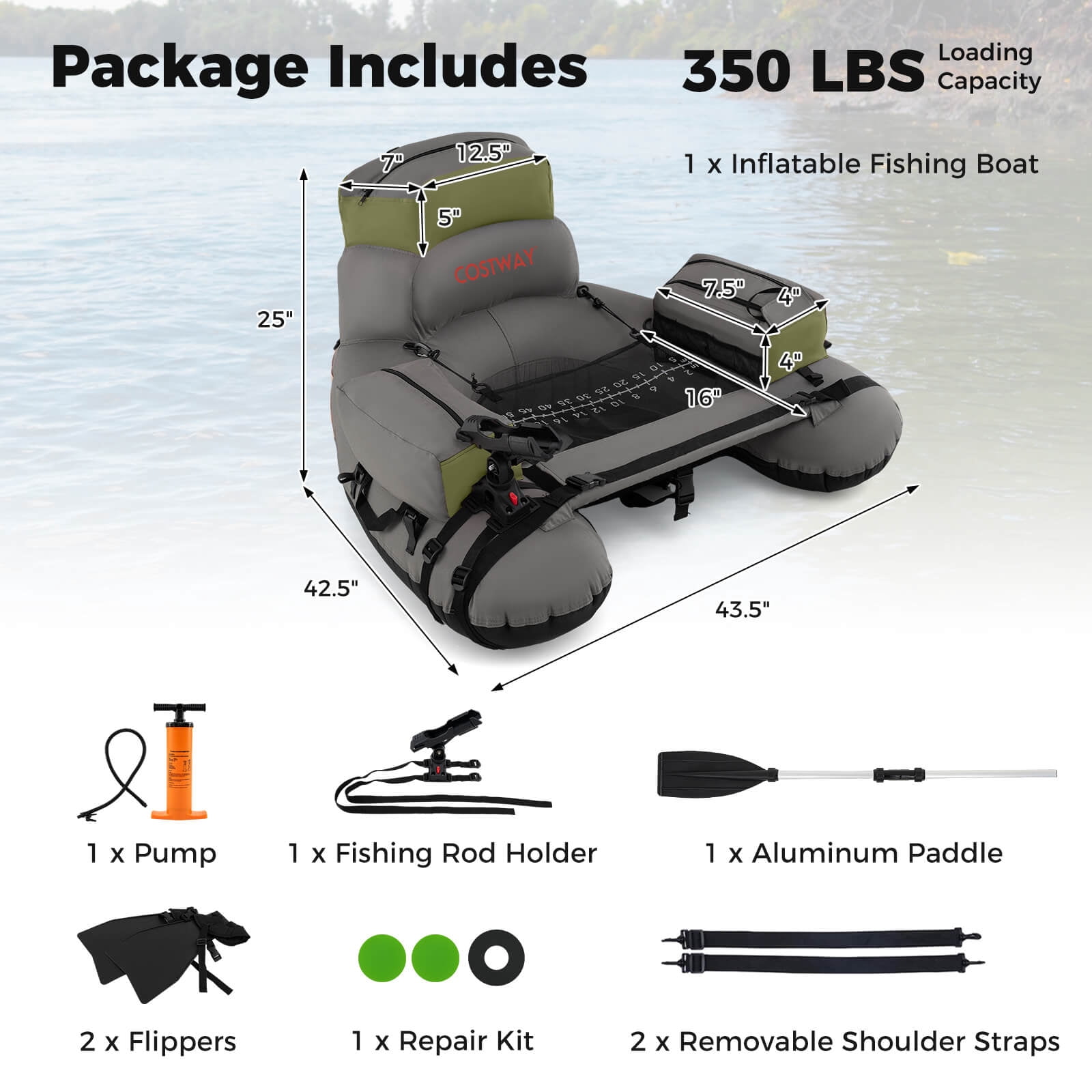 Goplus Inflatable Fishing Boat 350 LBS Fishing Float Tube with Fishing Rod Holder Gray+Green