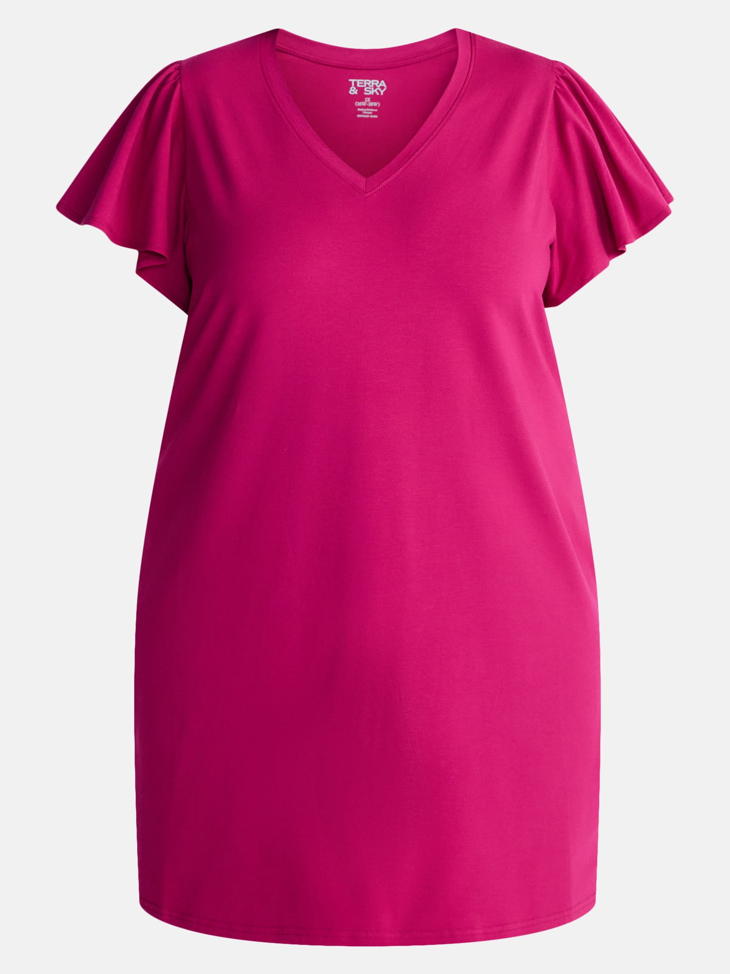 Terra & Sky Women’s Plus V Neck Mini Dress with Short Flutter Sleeves, Sizes 0X-5X