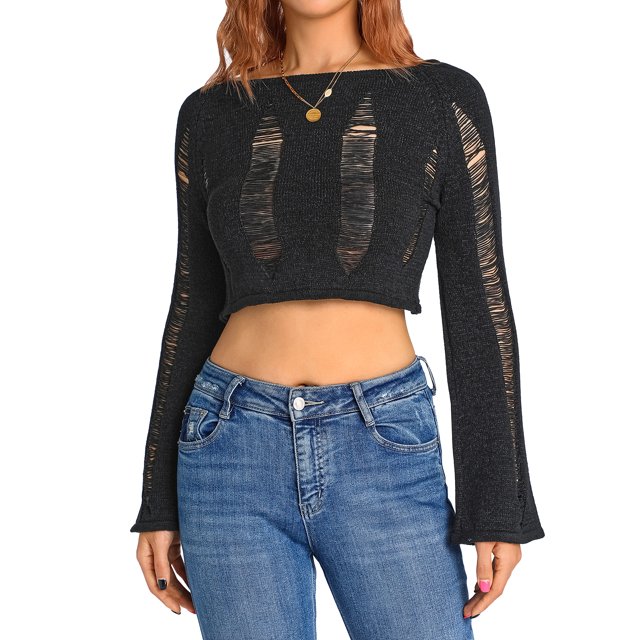 xiaxaixu Women Crop Shirt Long Sleeve Round Neck Solid Color Cutout Casual Party Street Spring Fall Tops