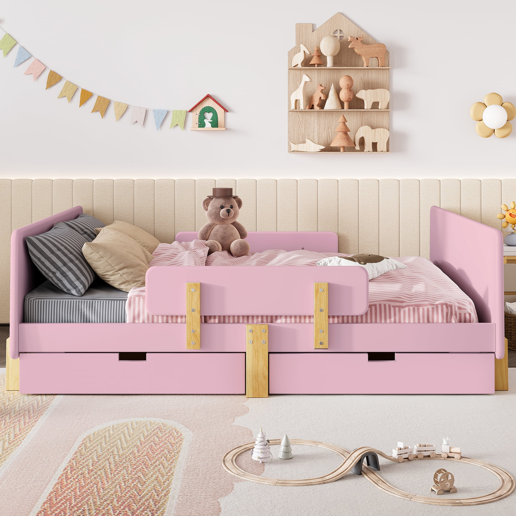 Miniyam Full Bed with Storage Drawers, Guardrails, Footboard Shelf & Side Hooks for Kid, Pink