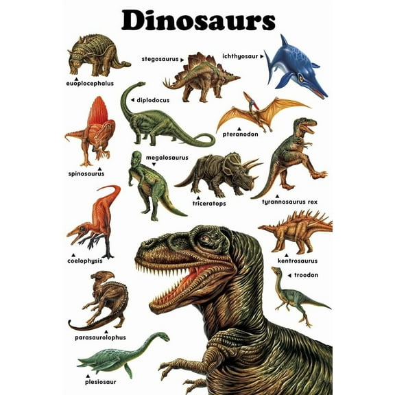 Dinosaurs Poster, Tryannosaurus Rex, Triceratops, Stegosaurus, Megalosaurus, Art Print 12×18inch unframed