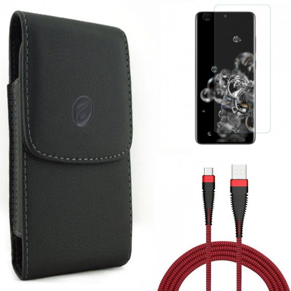Case Belt Clip w Screen Protector w 10ft USB Cable for Samsung Galaxy S20 Ultra - Leather Holster Cover, Tempered Glass [Fingerprint Unlock] 3D Curved Edge, Type-C Charger Cord fits Galaxy S20 Ultra