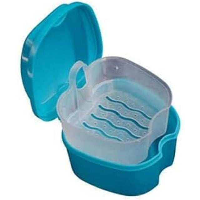 Denture Case, Denture Cup with Strainer,False Teeth Storage Box with Basket Net Container Holder for Travel, Retainer Cleaning (Light blue)