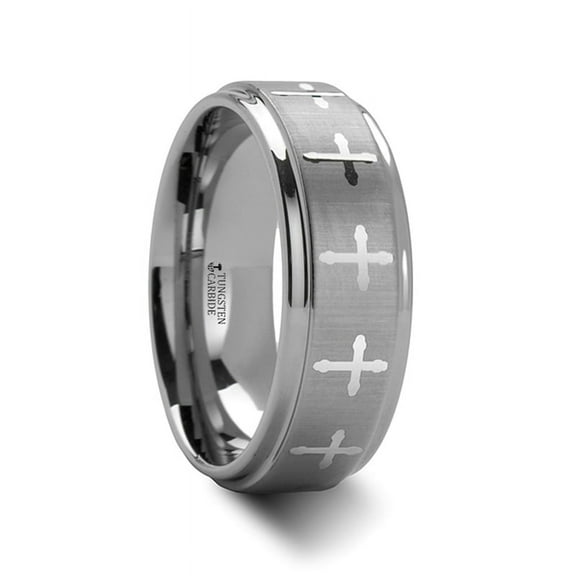 Trinity Raised Center With Engraved Crosses Mens Tungsten Carbide Wedding Band
