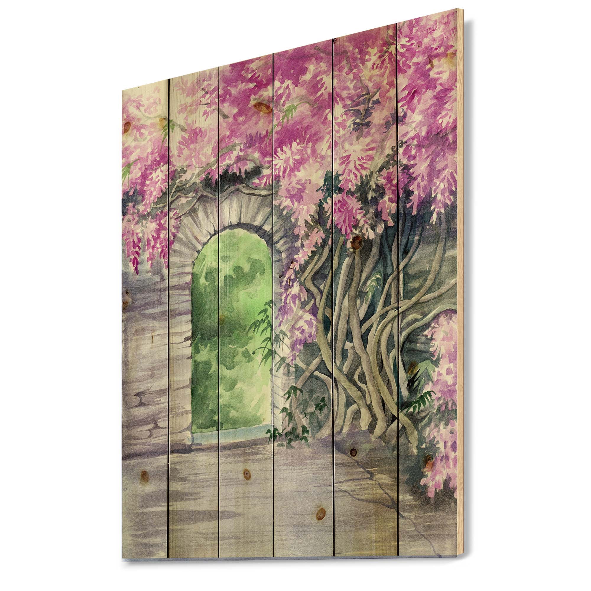 Designart 'Blossoming Purple Wisteria Garden Over The Wall' Traditional Print on Natural Pine Wood