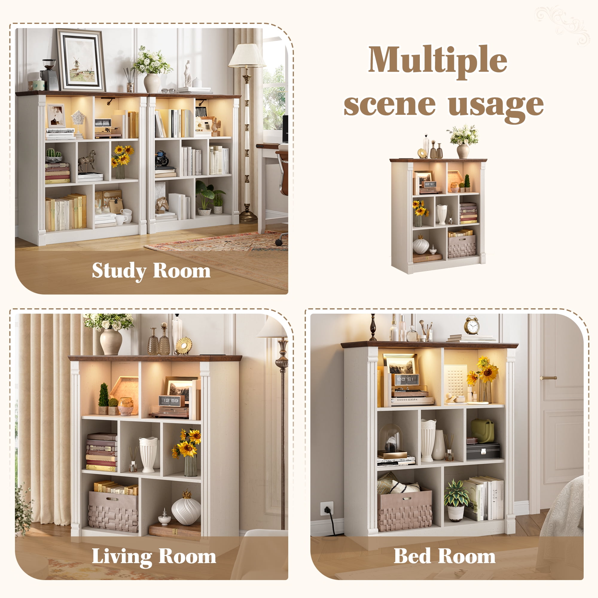 EnHomee 7 Cube Storage Organizer with LED Light and Charging Station,Wood Bookshelf for Living Room, Bedroom, Office，White
